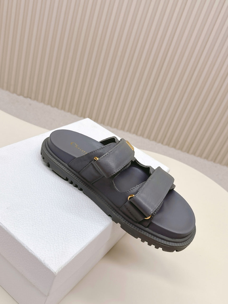 DIOR CLASSIC DOUBLE-STRAP SLIDES 25S IN ASH GRAY CALFSKIN - 35