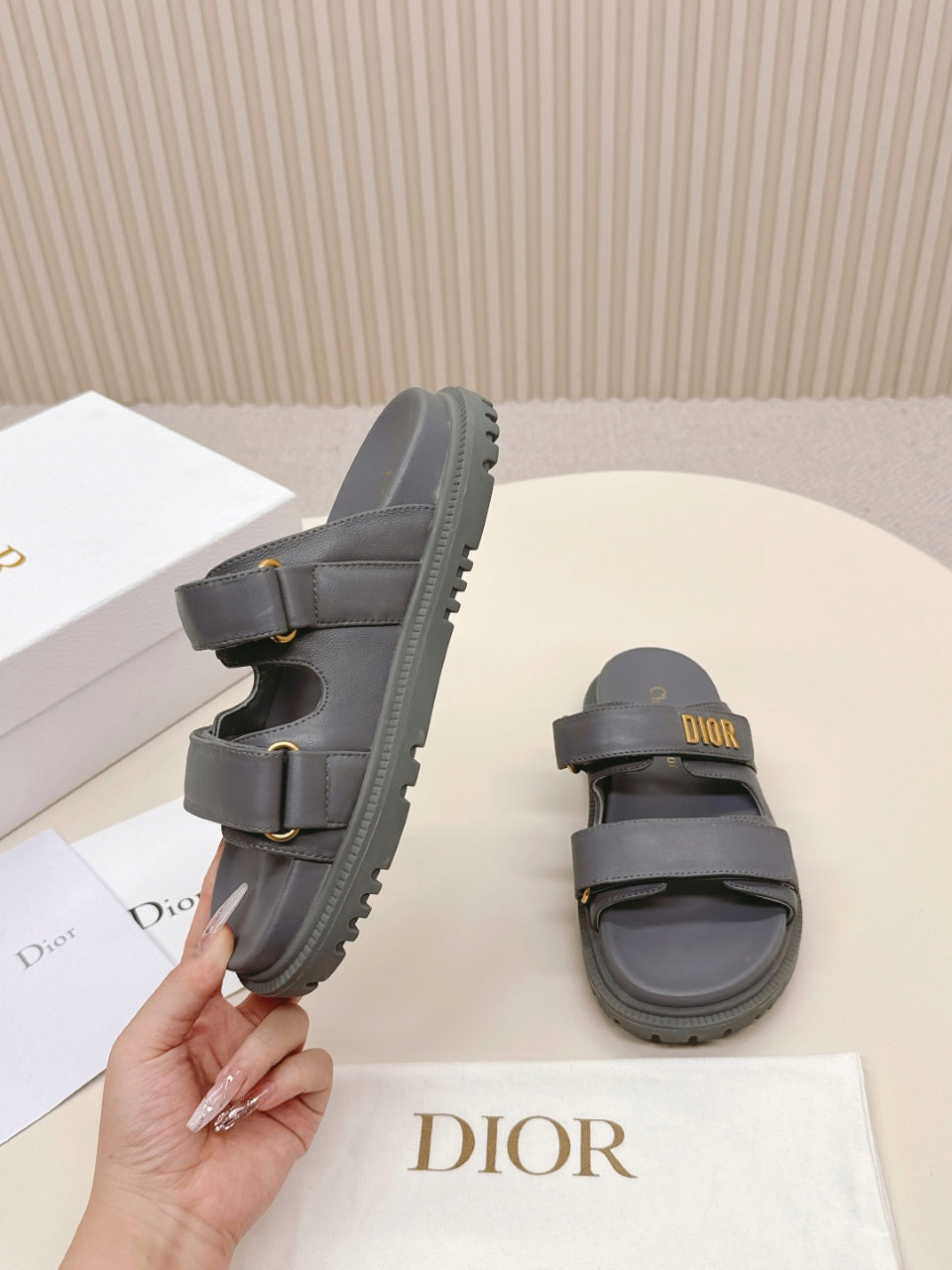 DIOR CLASSIC DOUBLE-STRAP SLIDES 25S IN ASH GRAY CALFSKIN - 35