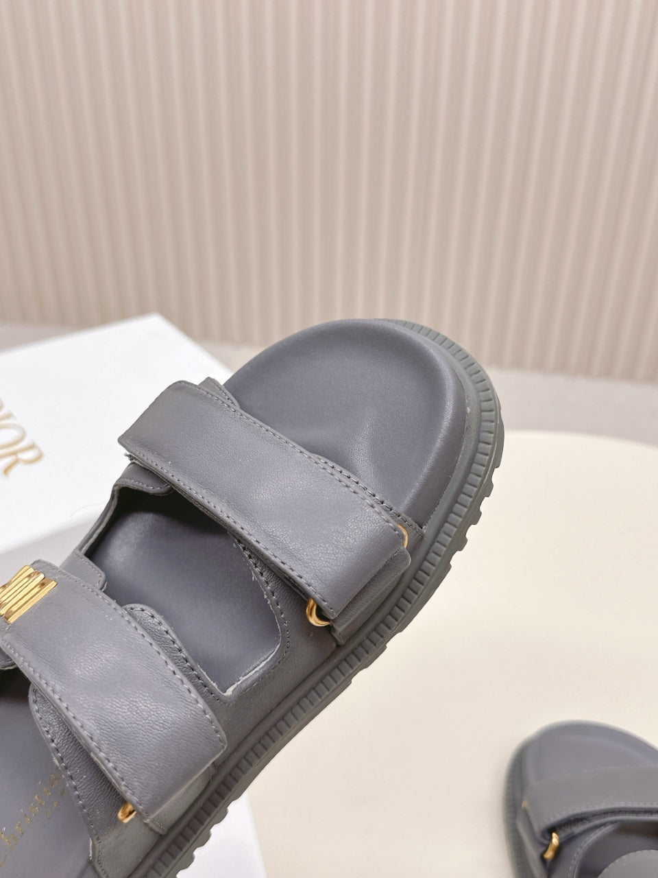 DIOR CLASSIC DOUBLE-STRAP SLIDES 25S IN ASH GRAY CALFSKIN - 35