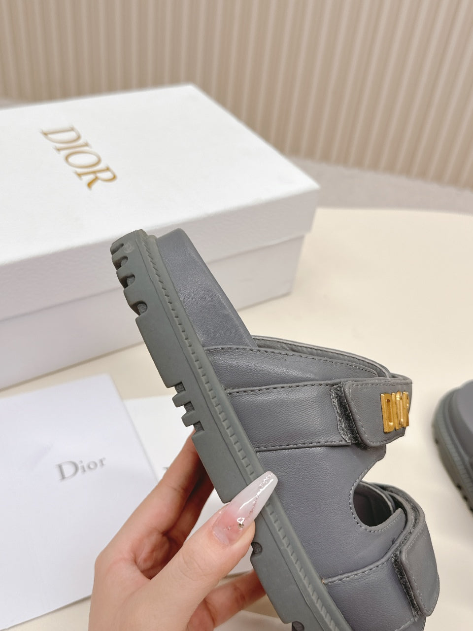 DIOR CLASSIC DOUBLE-STRAP SLIDES 25S IN ASH GRAY CALFSKIN - 35