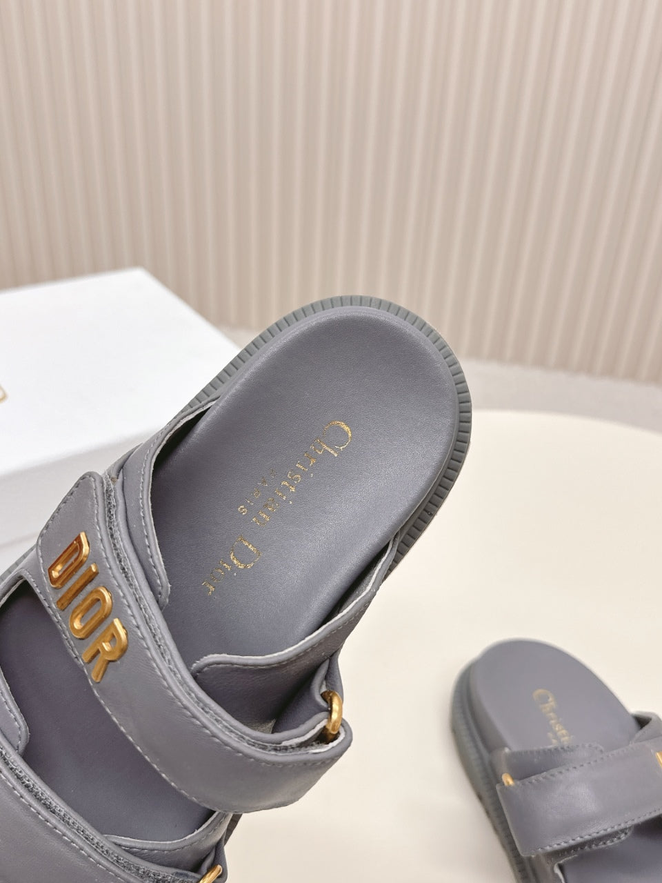 DIOR CLASSIC DOUBLE-STRAP SLIDES 25S IN ASH GRAY CALFSKIN - 35