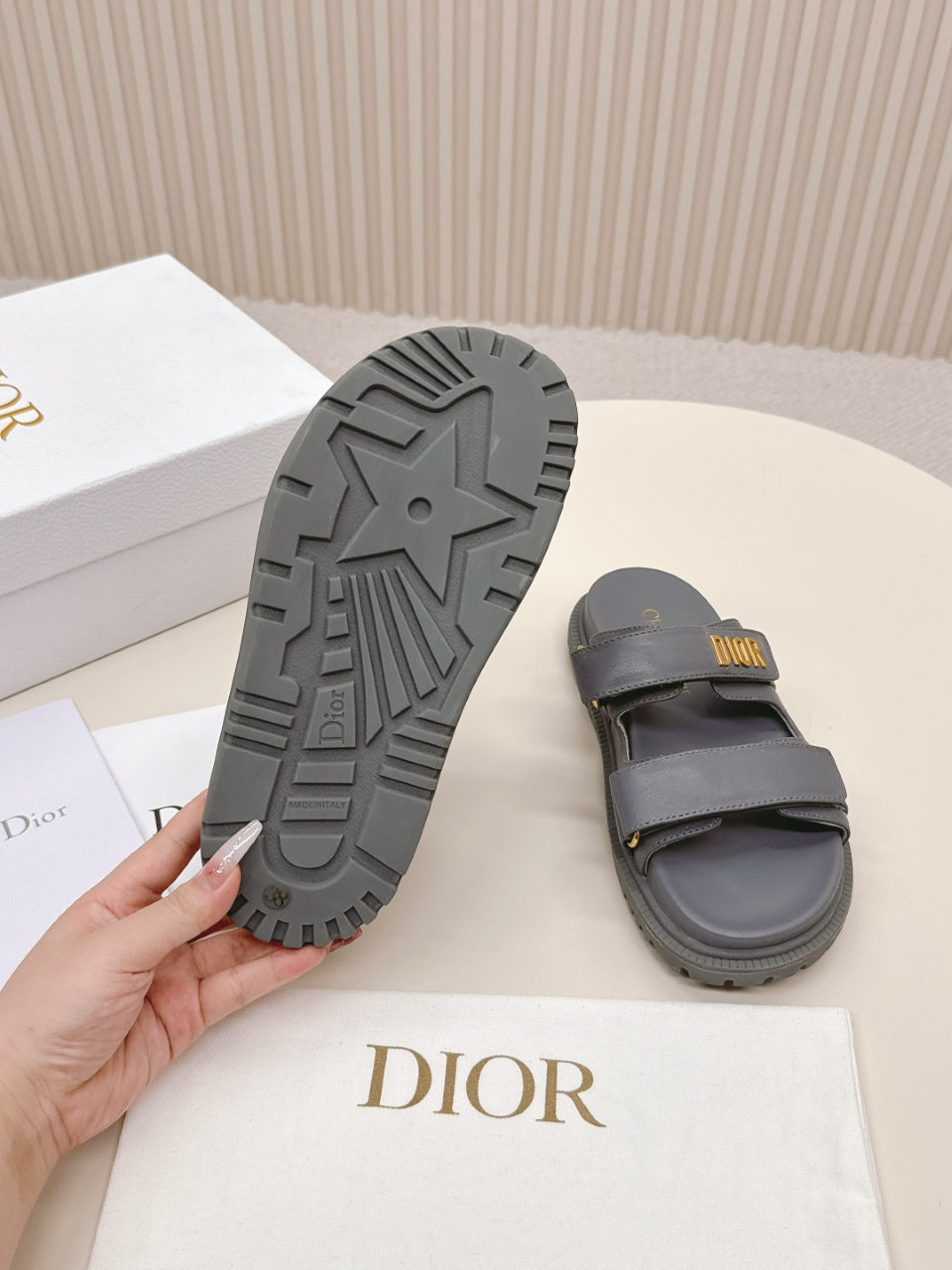 DIOR CLASSIC DOUBLE-STRAP SLIDES 25S IN ASH GRAY CALFSKIN - 35