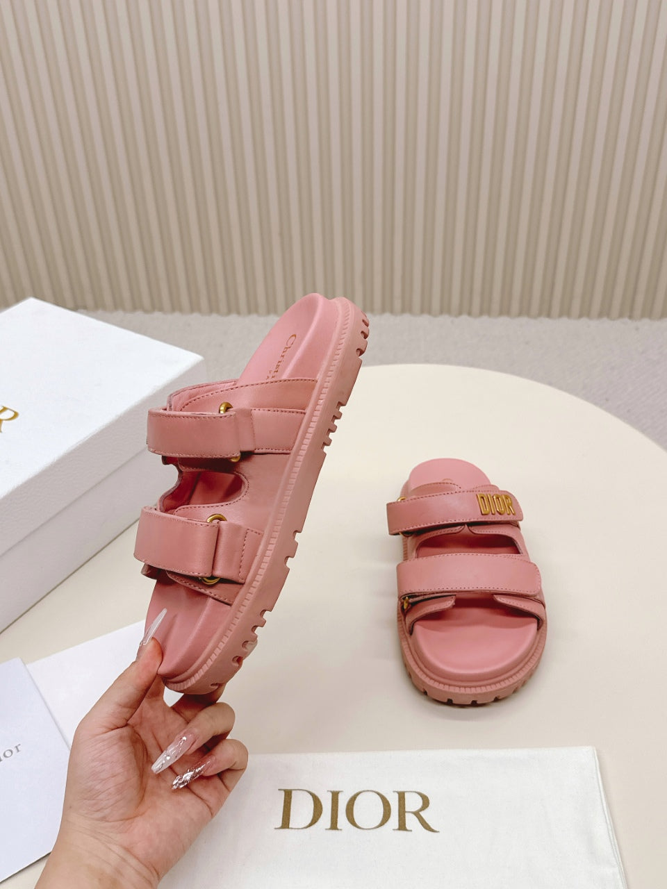 DIOR CLASSIC DOUBLE-STRAP SLIDES 25S IN PEACHY PINK CALFSKIN - 35