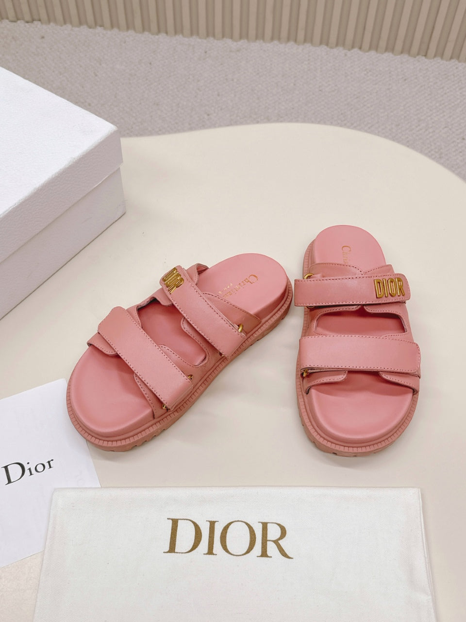 DIOR CLASSIC DOUBLE-STRAP SLIDES 25S IN PEACHY PINK CALFSKIN - 35