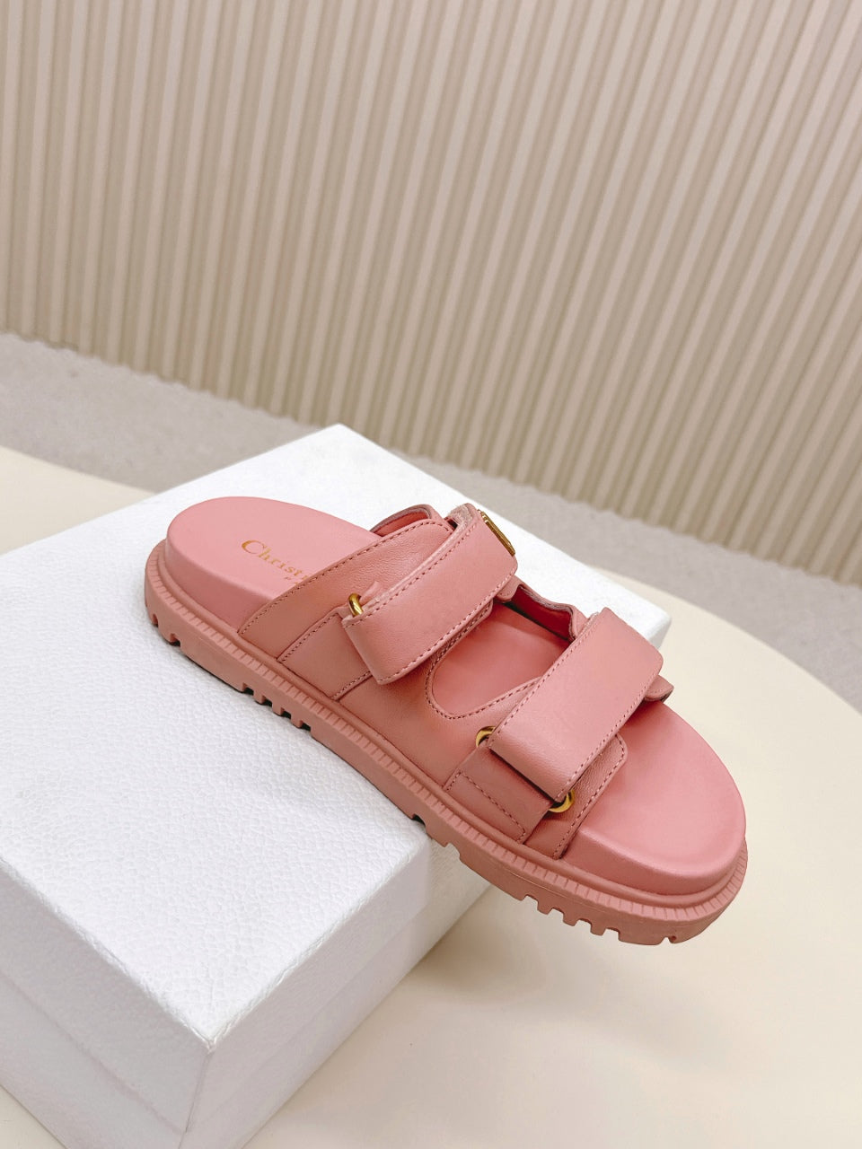 DIOR CLASSIC DOUBLE-STRAP SLIDES 25S IN PEACHY PINK CALFSKIN - 35