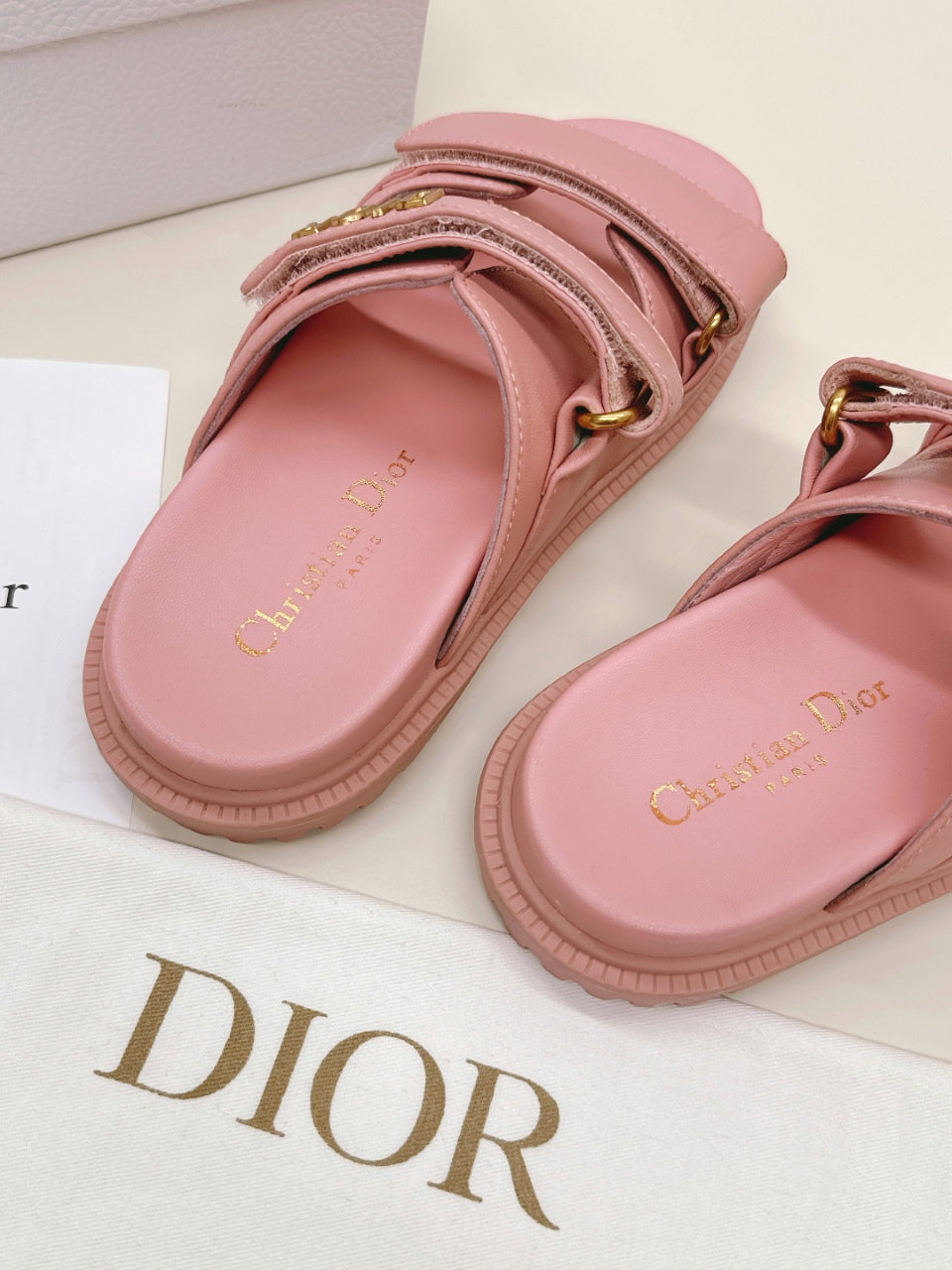 DIOR CLASSIC DOUBLE-STRAP SLIDES 25S IN PEACHY PINK CALFSKIN - 35