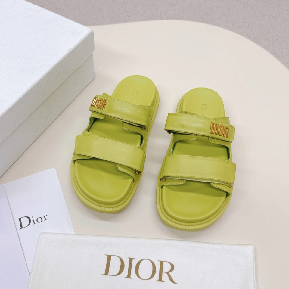 DIOR CLASSIC DOUBLE-STRAP SLIDES 25S IN OLIVE YELLOW CALFSKIN - 35