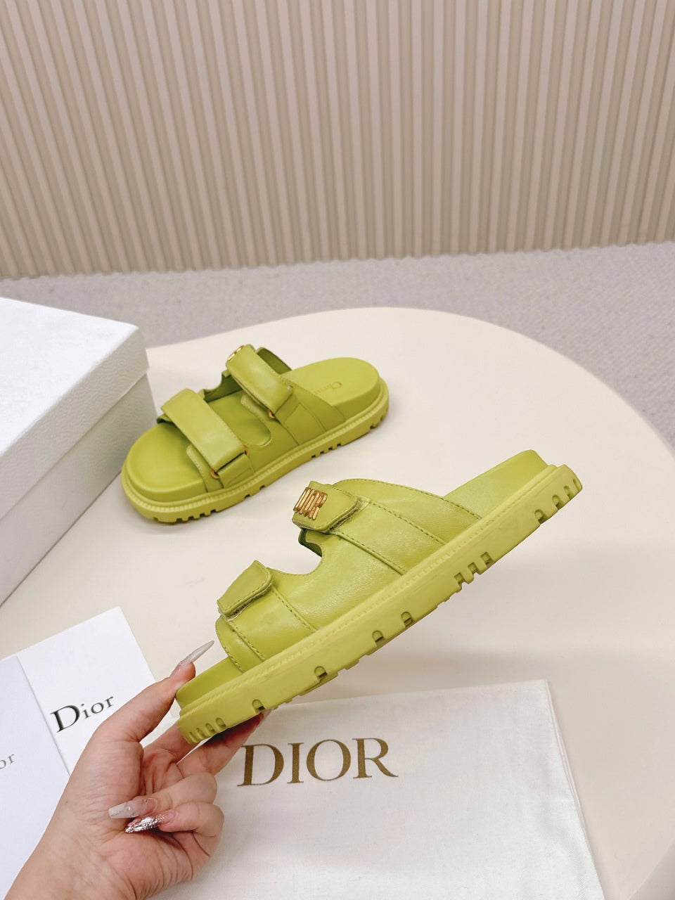 DIOR CLASSIC DOUBLE-STRAP SLIDES 25S IN OLIVE YELLOW CALFSKIN - 35