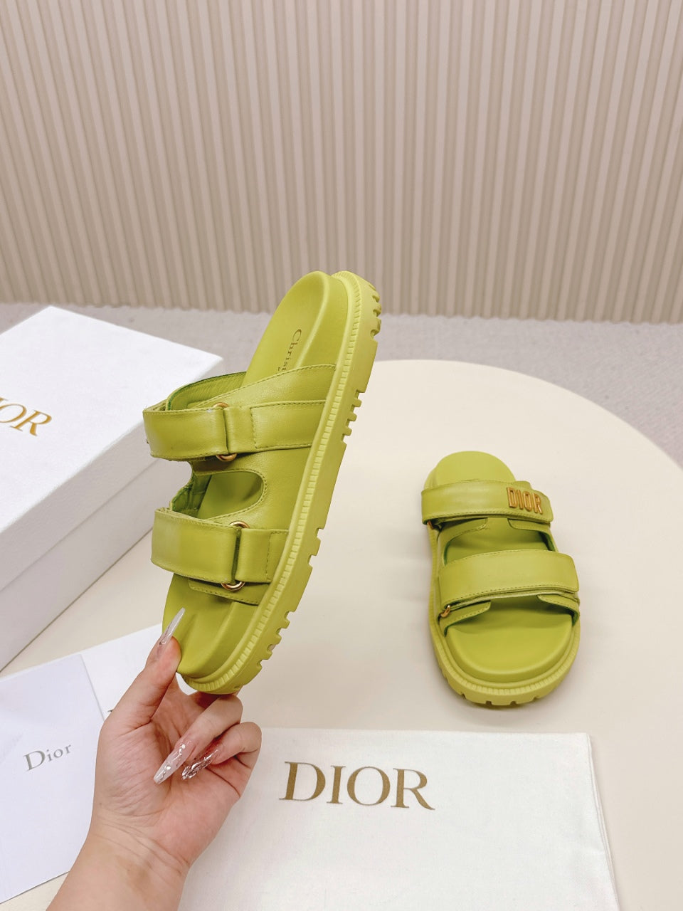 DIOR CLASSIC DOUBLE-STRAP SLIDES 25S IN OLIVE YELLOW CALFSKIN - 35