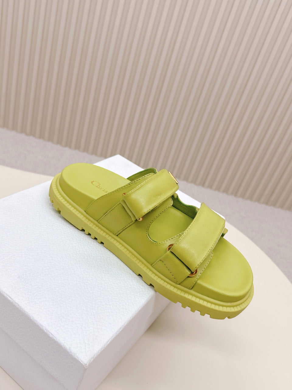 DIOR CLASSIC DOUBLE-STRAP SLIDES 25S IN OLIVE YELLOW CALFSKIN - 35