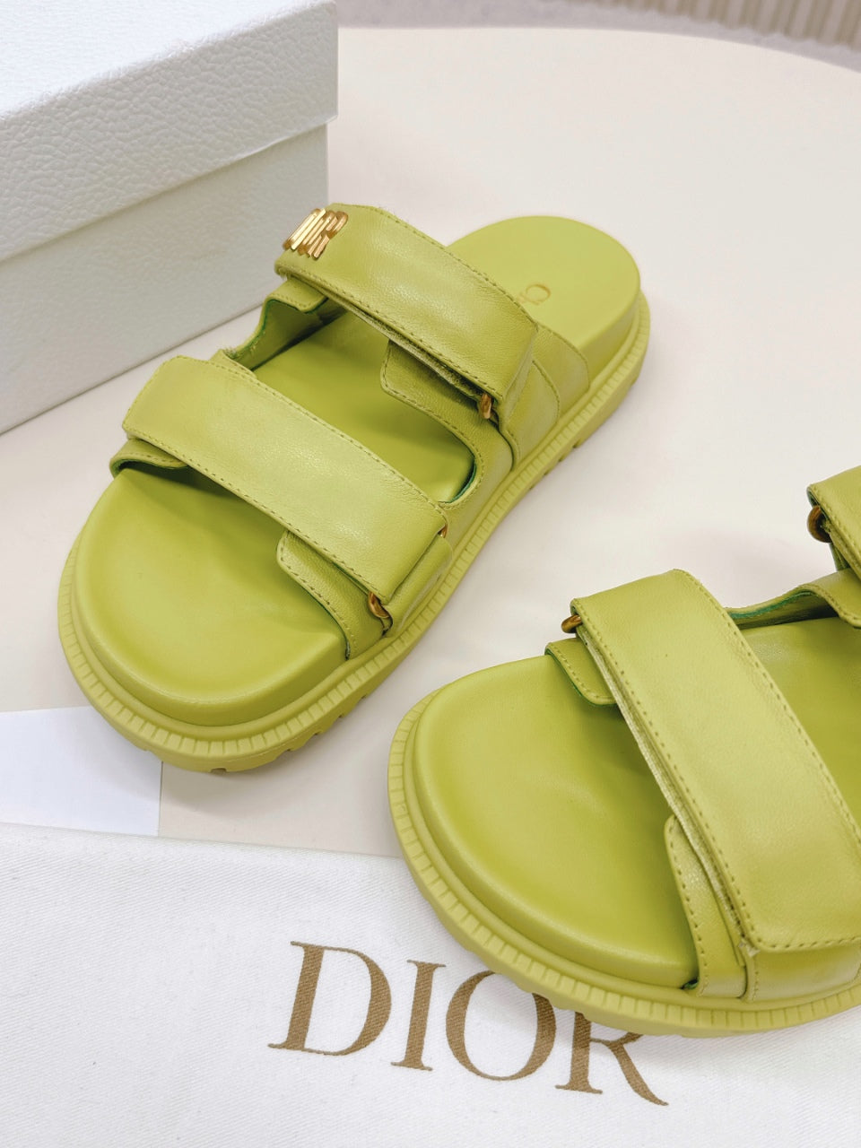 DIOR CLASSIC DOUBLE-STRAP SLIDES 25S IN OLIVE YELLOW CALFSKIN - 35