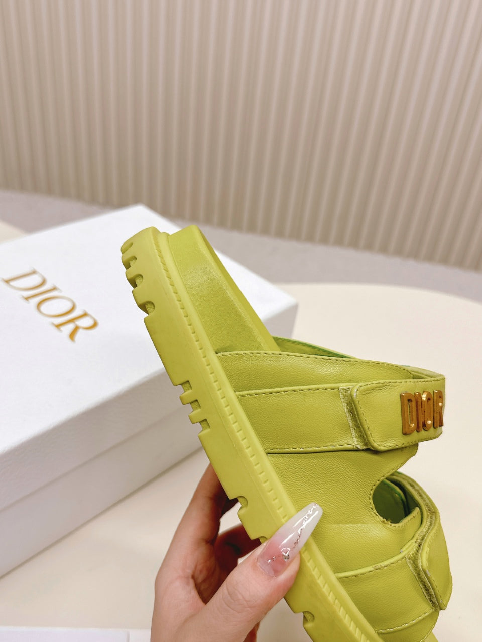 DIOR CLASSIC DOUBLE-STRAP SLIDES 25S IN OLIVE YELLOW CALFSKIN - 35