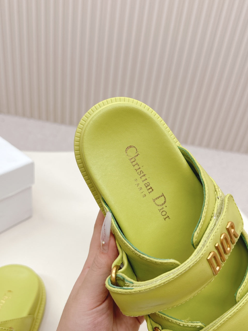 DIOR CLASSIC DOUBLE-STRAP SLIDES 25S IN OLIVE YELLOW CALFSKIN - 35