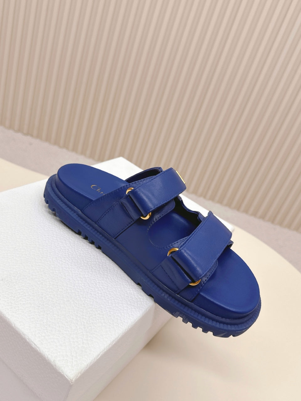 DIOR CLASSIC DOUBLE-STRAP SLIDES 25S IN NAVY BLUE CALFSKIN - 35
