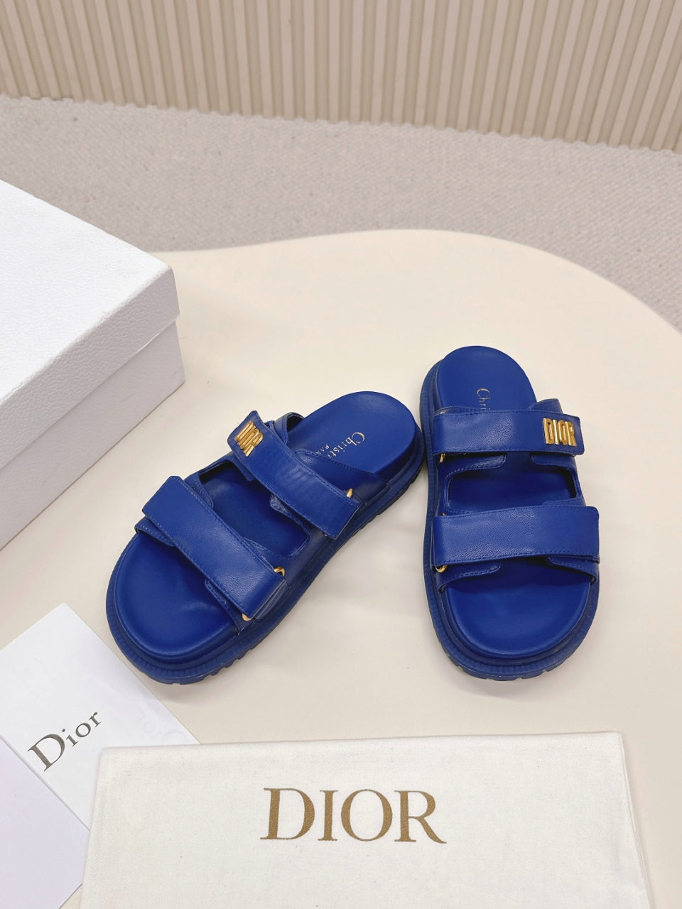 DIOR CLASSIC DOUBLE-STRAP SLIDES 25S IN NAVY BLUE CALFSKIN - 35