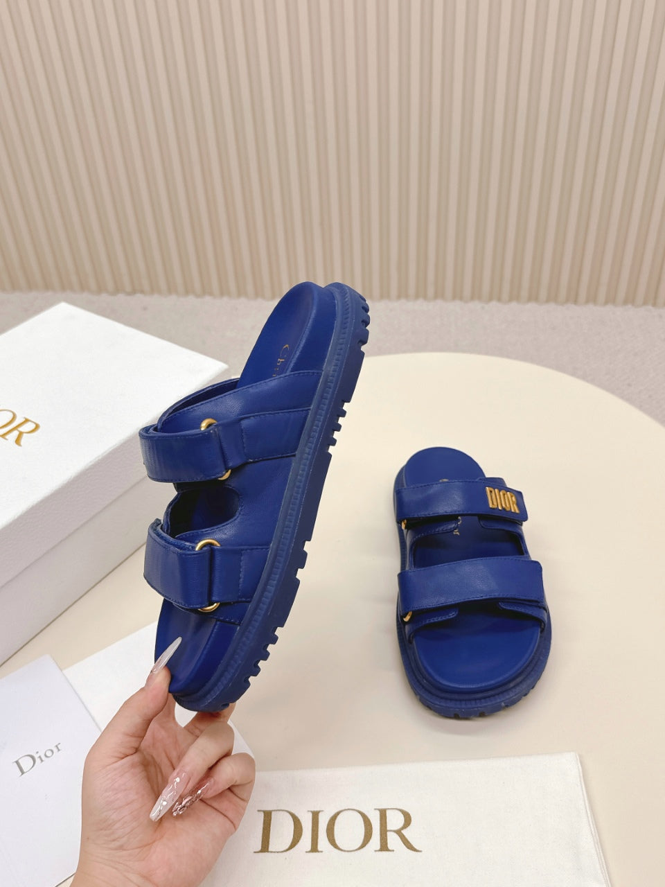 DIOR CLASSIC DOUBLE-STRAP SLIDES 25S IN NAVY BLUE CALFSKIN - 35