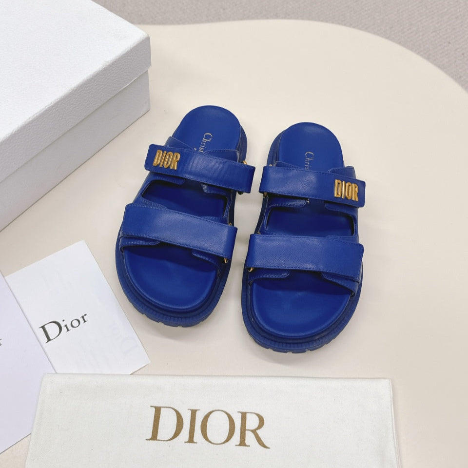 DIOR CLASSIC DOUBLE-STRAP SLIDES 25S IN NAVY BLUE CALFSKIN - 35