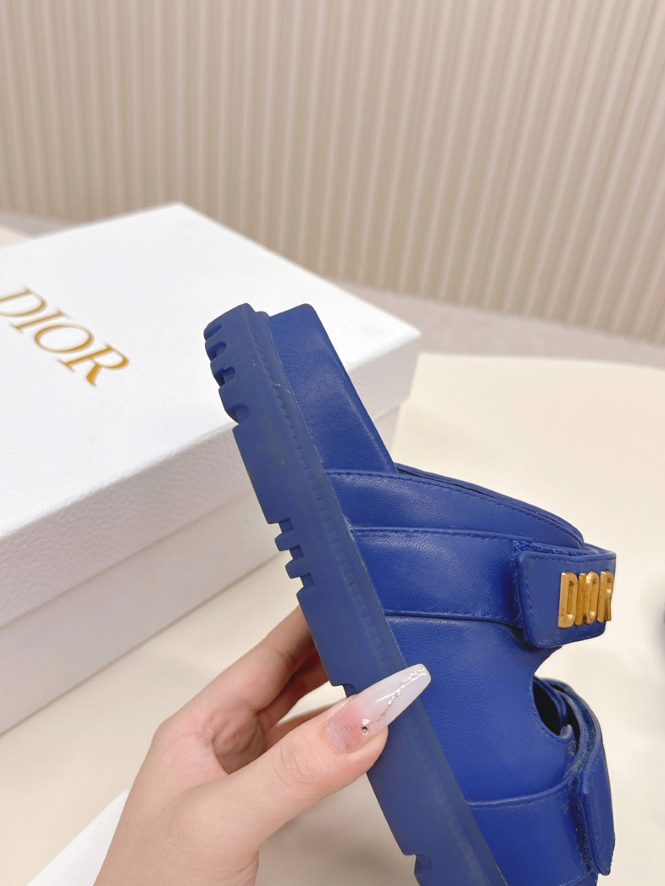 DIOR CLASSIC DOUBLE-STRAP SLIDES 25S IN NAVY BLUE CALFSKIN - 35