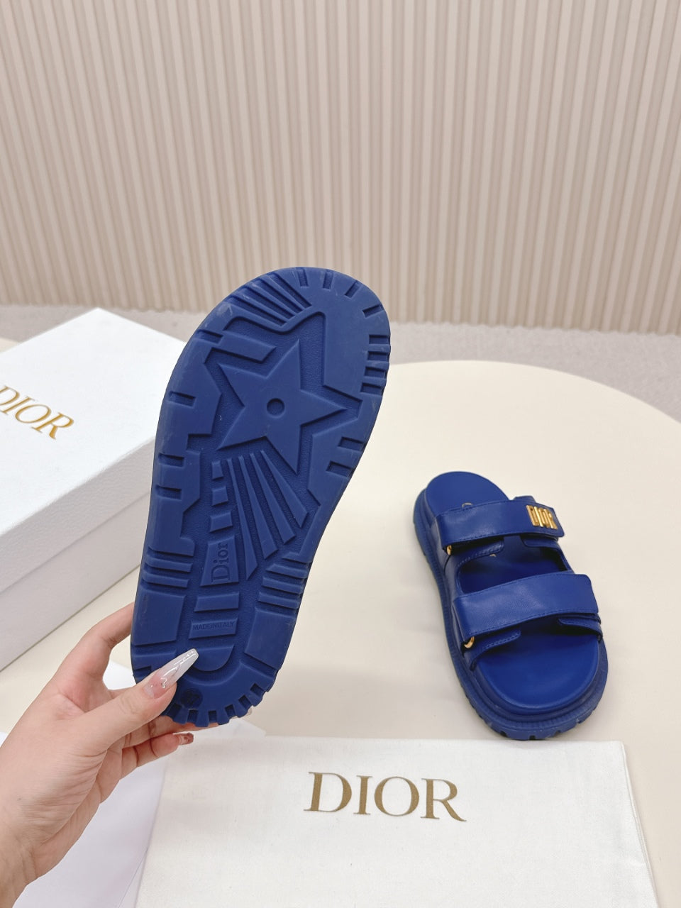 DIOR CLASSIC DOUBLE-STRAP SLIDES 25S IN NAVY BLUE CALFSKIN - 35