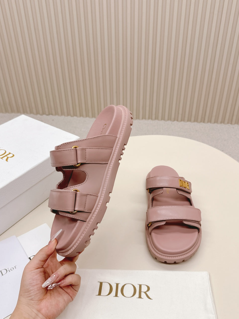 DIOR CLASSIC DOUBLE-STRAP SLIDES 25S IN BABY PINK CALFSKIN - 35