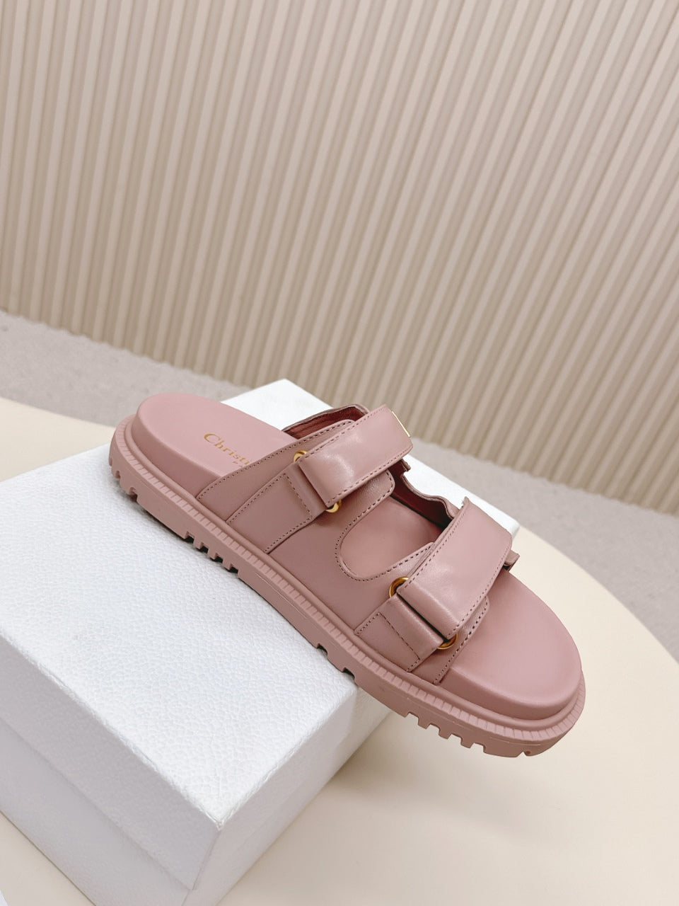 DIOR CLASSIC DOUBLE-STRAP SLIDES 25S IN BABY PINK CALFSKIN - 35