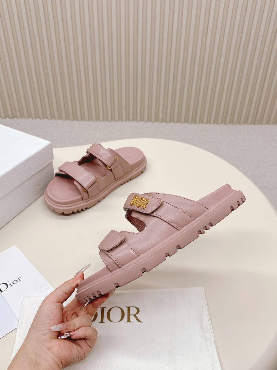 DIOR CLASSIC DOUBLE-STRAP SLIDES 25S IN BABY PINK CALFSKIN - 35