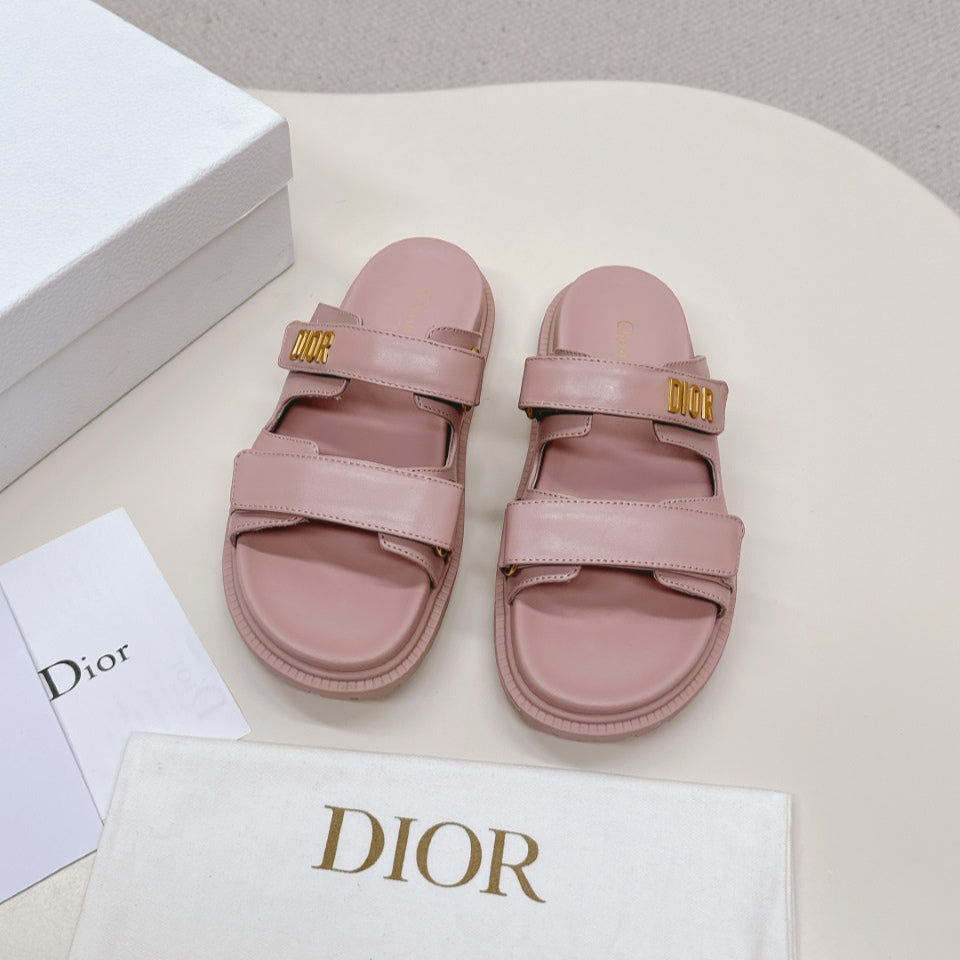 DIOR CLASSIC DOUBLE-STRAP SLIDES 25S IN BABY PINK CALFSKIN - 35