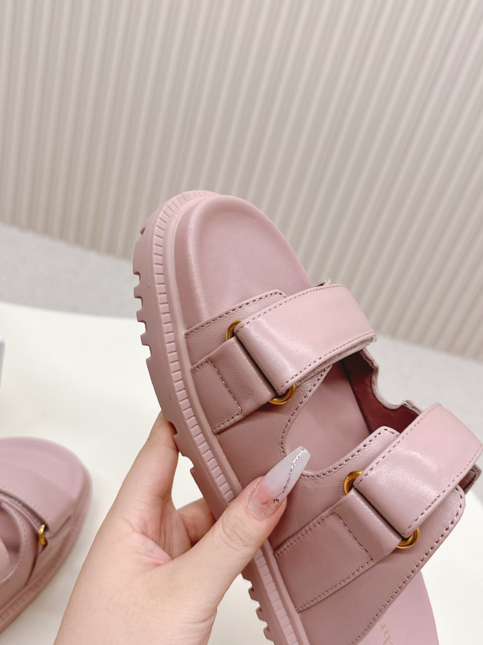 DIOR CLASSIC DOUBLE-STRAP SLIDES 25S IN BABY PINK CALFSKIN - 35