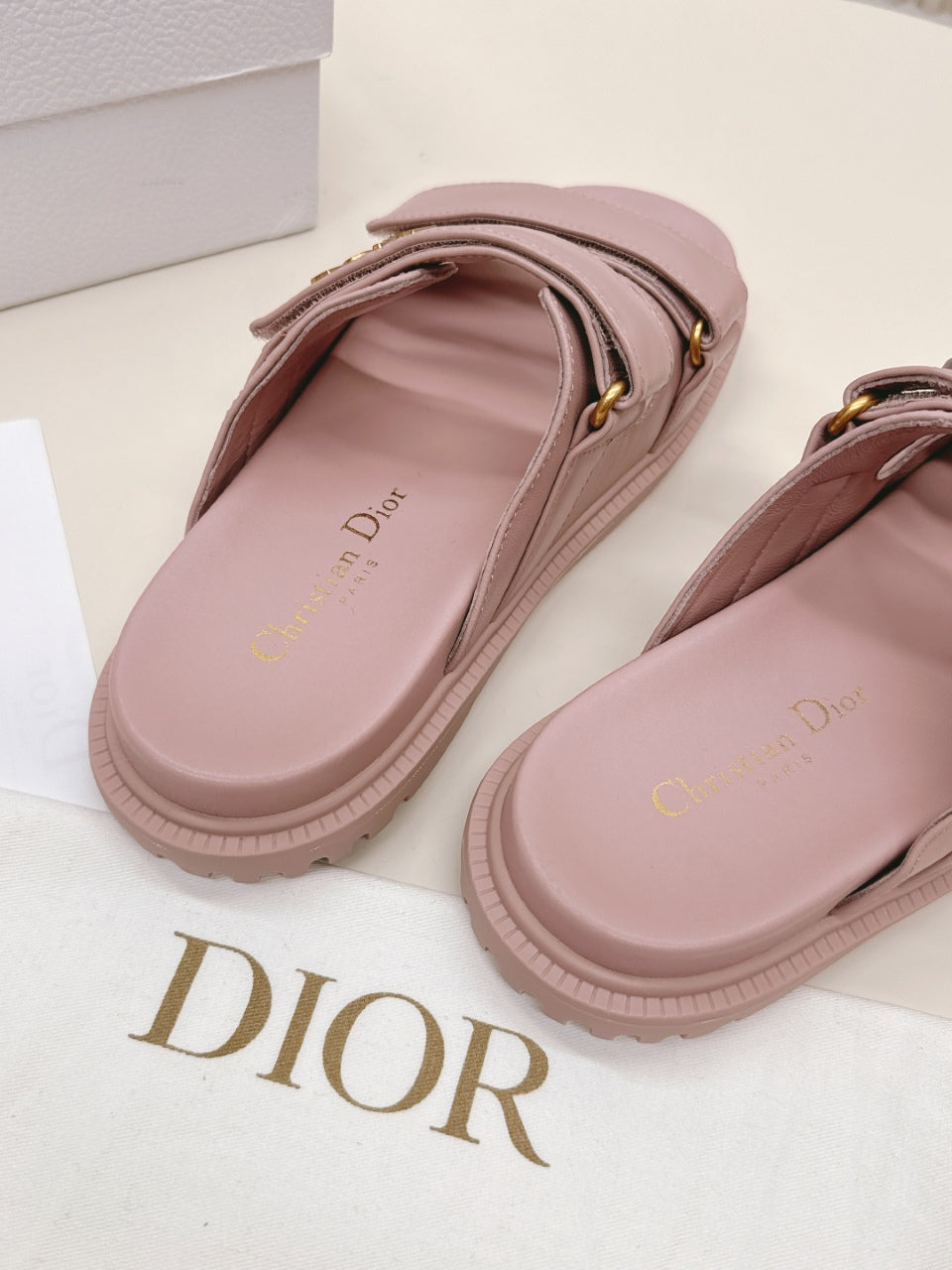 DIOR CLASSIC DOUBLE-STRAP SLIDES 25S IN BABY PINK CALFSKIN - 35