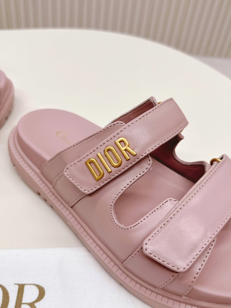 DIOR CLASSIC DOUBLE-STRAP SLIDES 25S IN BABY PINK CALFSKIN - 35
