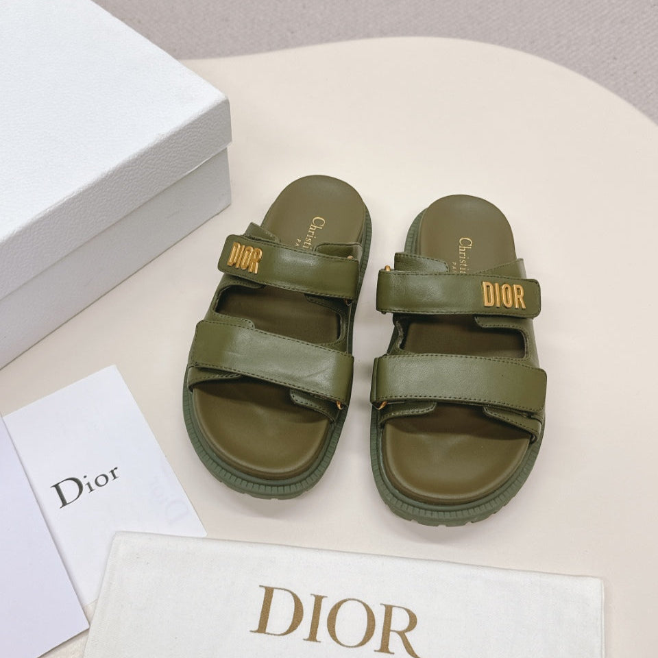 DIOR CLASSIC DOUBLE-STRAP SLIDES 25S IN MOSS GREEN CALFSKIN - 35