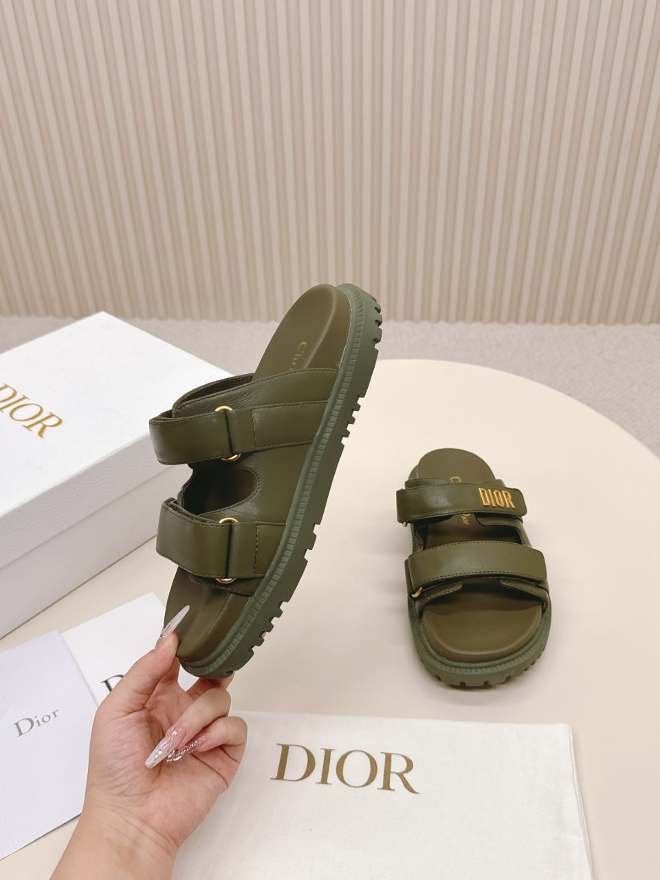 DIOR CLASSIC DOUBLE-STRAP SLIDES 25S IN MOSS GREEN CALFSKIN - 35