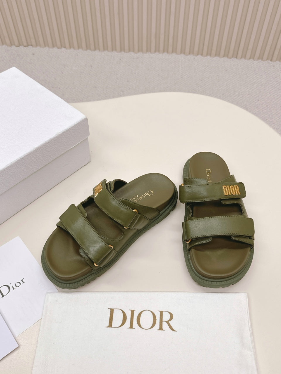 DIOR CLASSIC DOUBLE-STRAP SLIDES 25S IN MOSS GREEN CALFSKIN - 35
