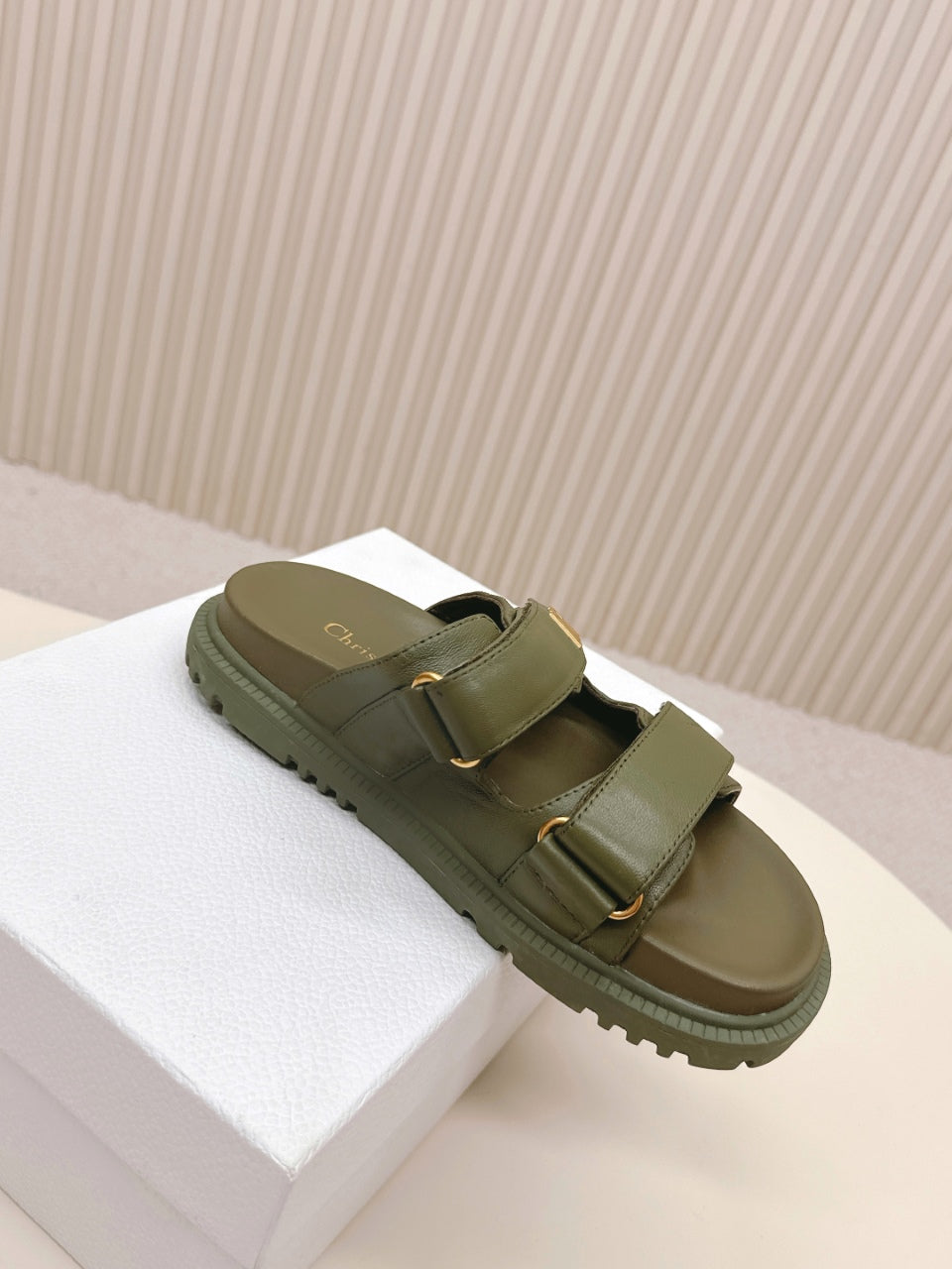 DIOR CLASSIC DOUBLE-STRAP SLIDES 25S IN MOSS GREEN CALFSKIN - 35