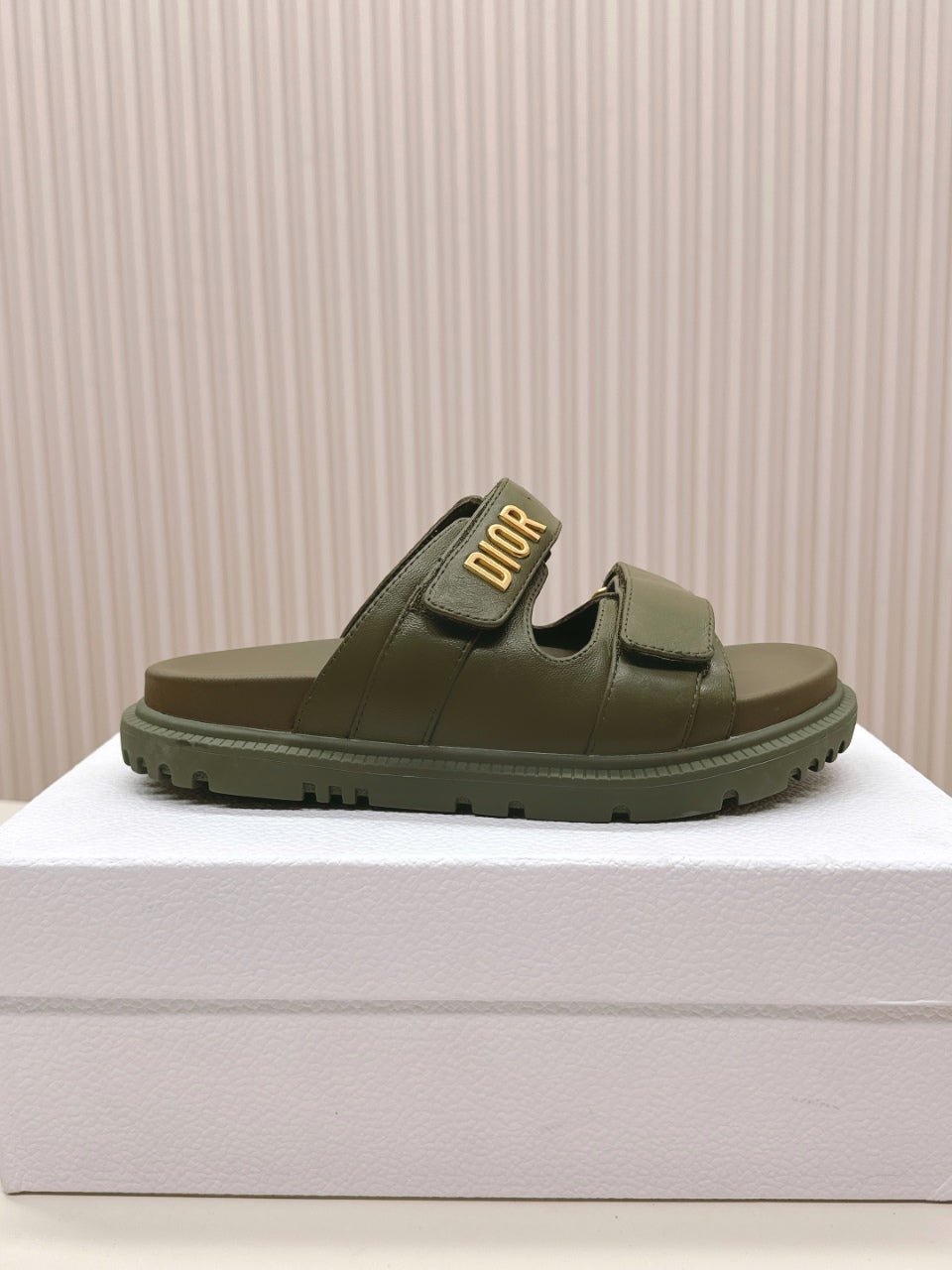 DIOR CLASSIC DOUBLE-STRAP SLIDES 25S IN MOSS GREEN CALFSKIN - 35