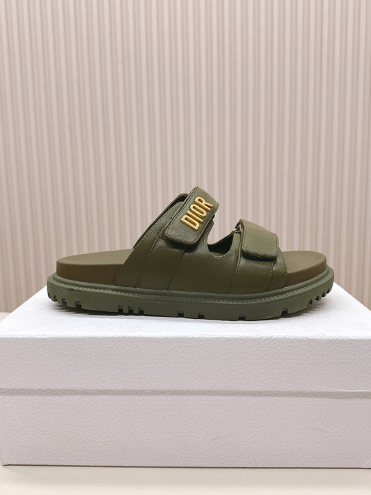DIOR CLASSIC DOUBLE-STRAP SLIDES 25S IN MOSS GREEN CALFSKIN - 35
