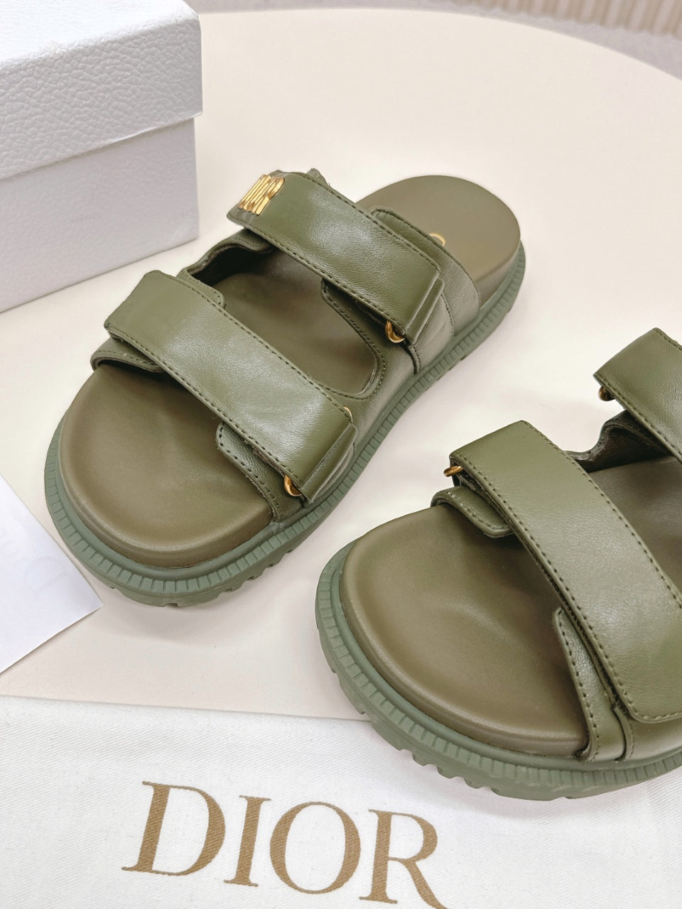 DIOR CLASSIC DOUBLE-STRAP SLIDES 25S IN MOSS GREEN CALFSKIN - 35