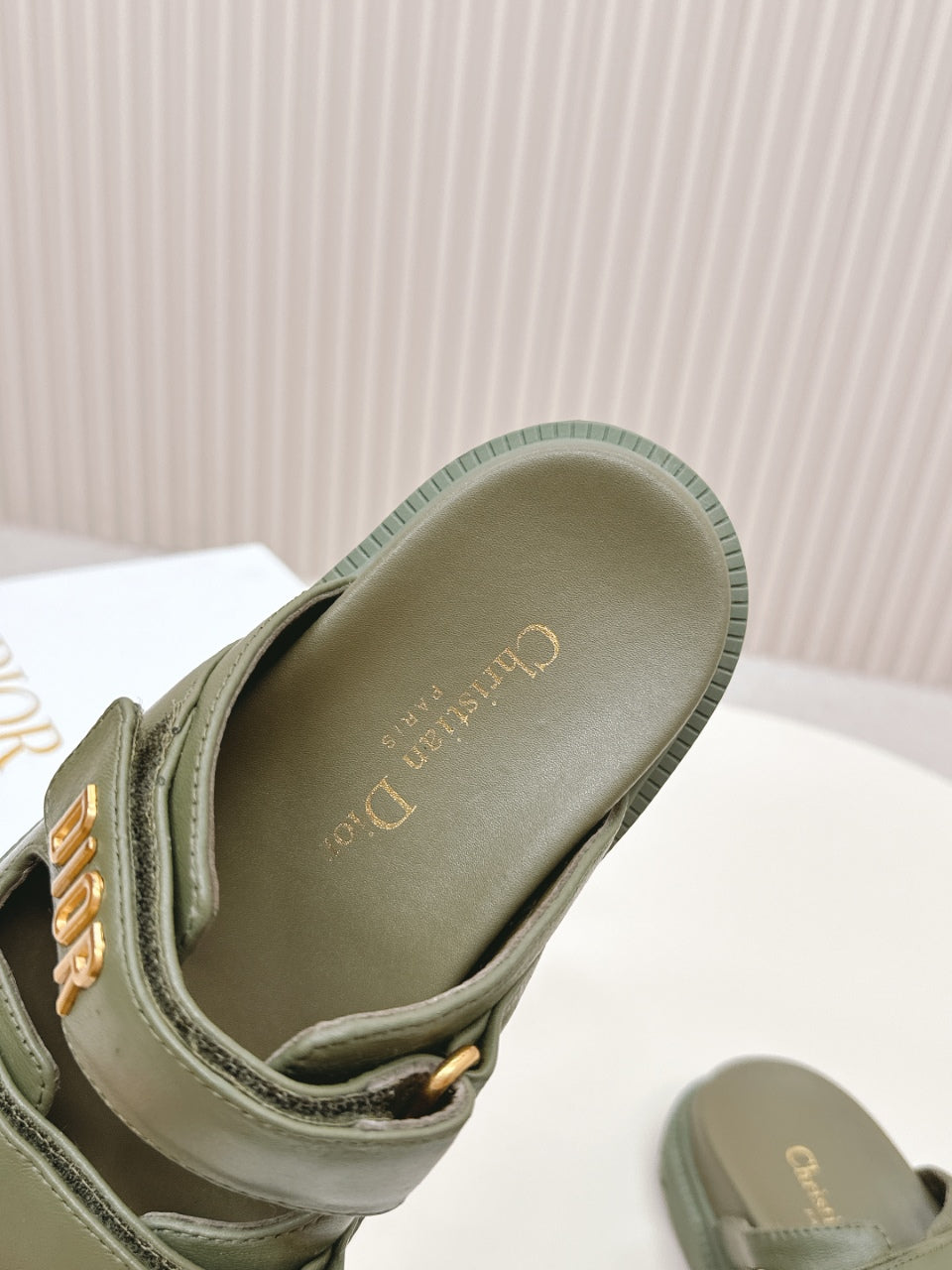 DIOR CLASSIC DOUBLE-STRAP SLIDES 25S IN MOSS GREEN CALFSKIN - 35