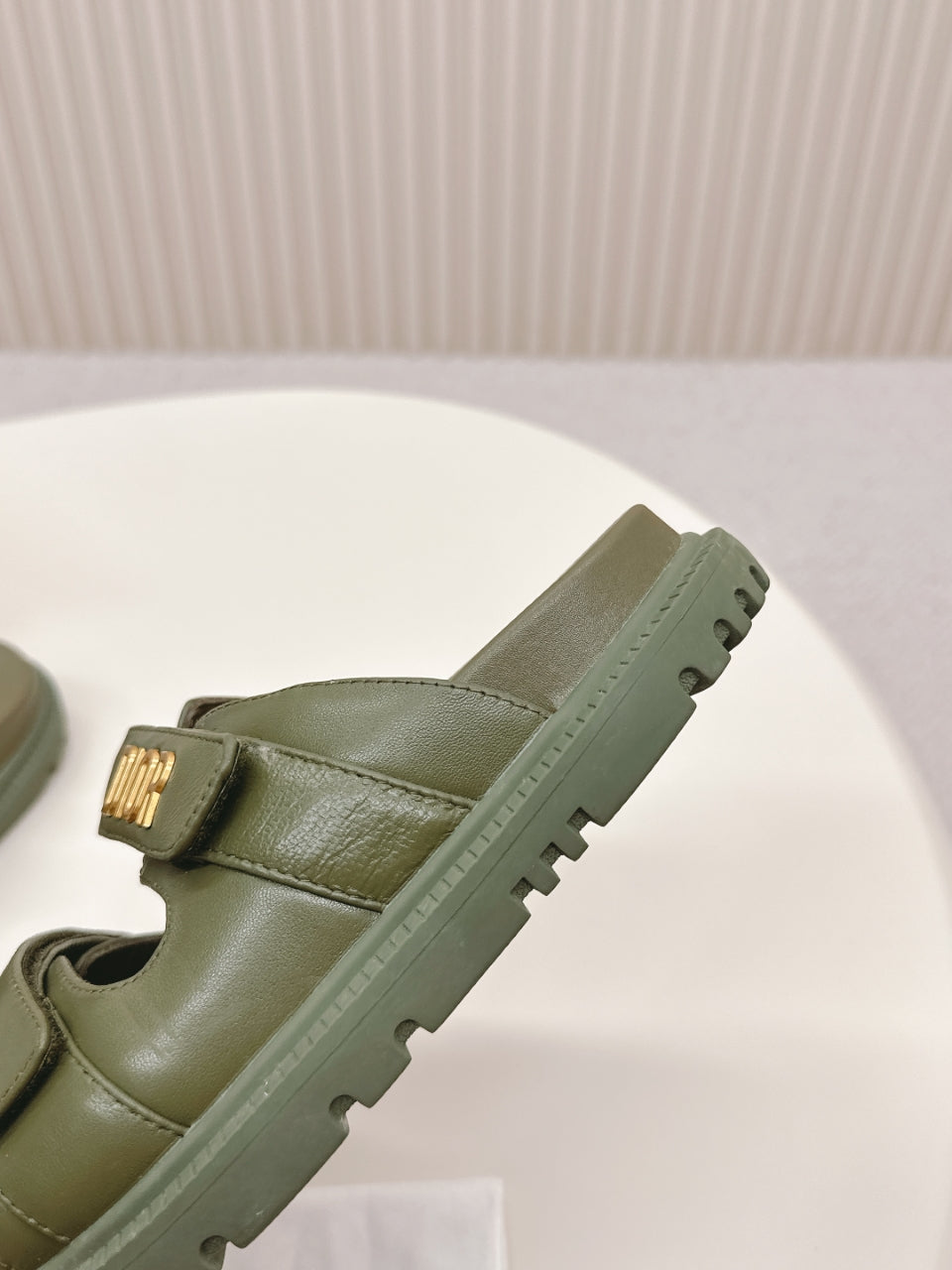 DIOR CLASSIC DOUBLE-STRAP SLIDES 25S IN MOSS GREEN CALFSKIN - 35
