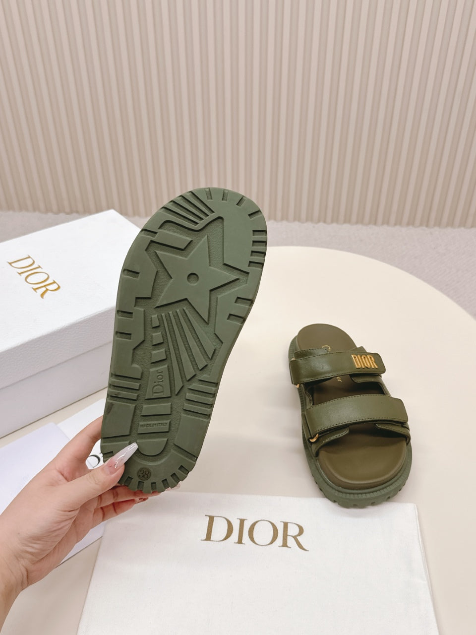 DIOR CLASSIC DOUBLE-STRAP SLIDES 25S IN MOSS GREEN CALFSKIN - 35