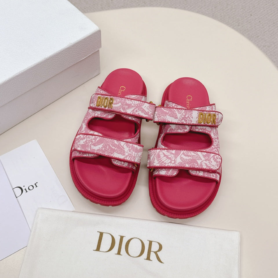 DIOR CLASSIC DOUBLE-STRAP SLIDES 25S IN DARK PINK FABRIC AND CALFSKIN - 35