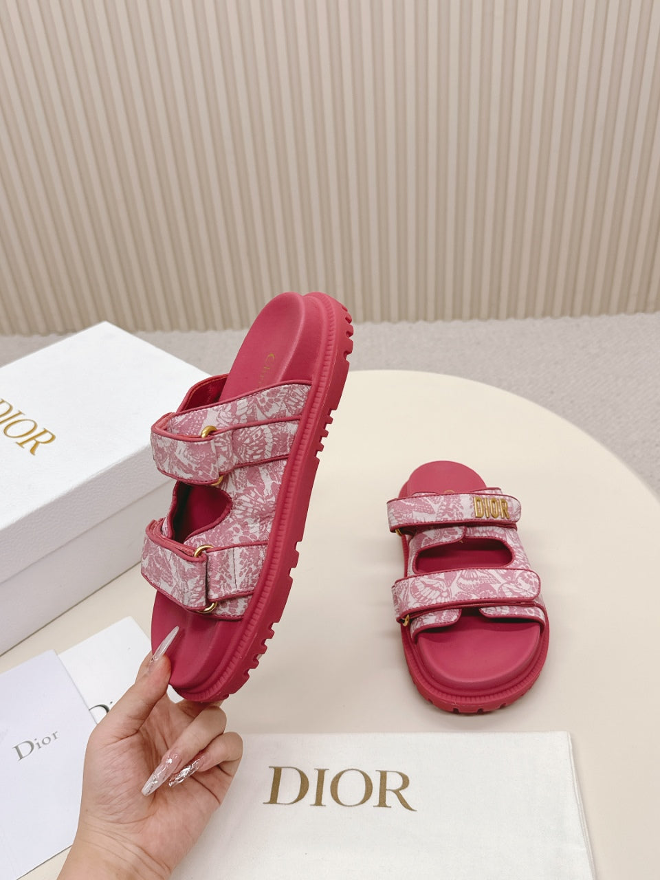 DIOR CLASSIC DOUBLE-STRAP SLIDES 25S IN DARK PINK FABRIC AND CALFSKIN - 35