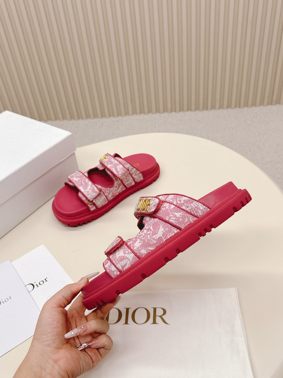 DIOR CLASSIC DOUBLE-STRAP SLIDES 25S IN DARK PINK FABRIC AND CALFSKIN - 35