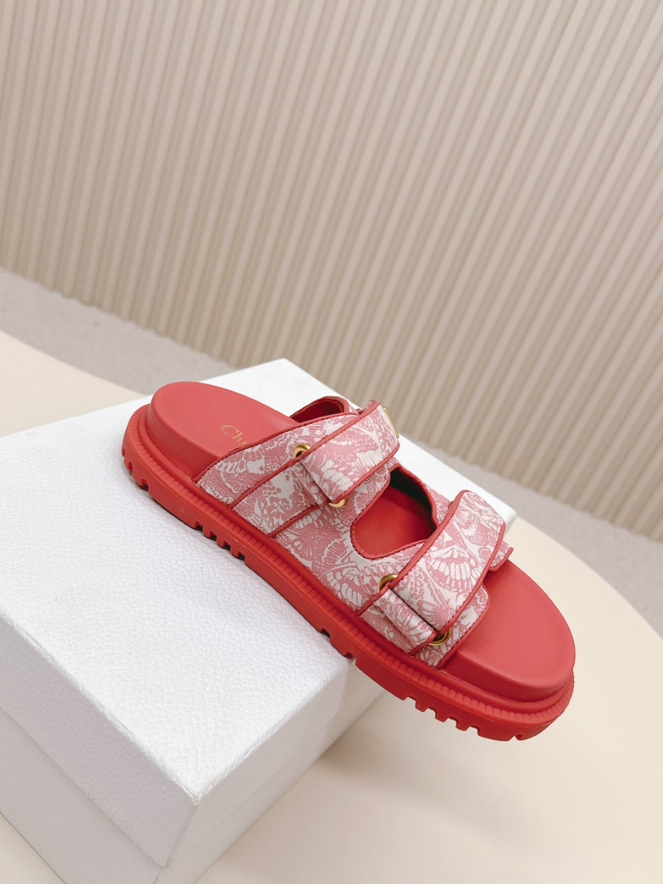DIOR CLASSIC DOUBLE-STRAP SLIDES 25S IN DARK PINK FABRIC AND CALFSKIN - 35