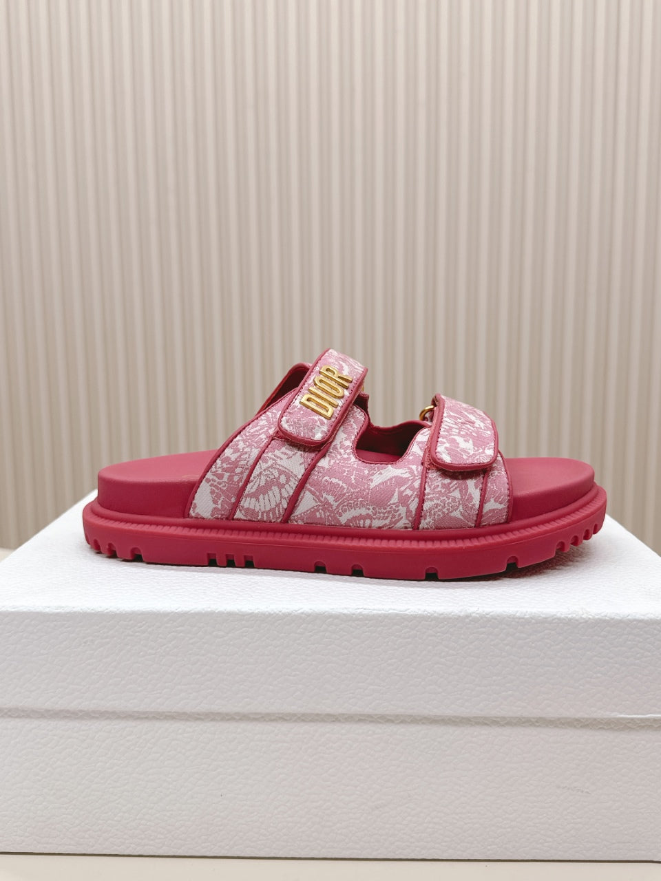 DIOR CLASSIC DOUBLE-STRAP SLIDES 25S IN DARK PINK FABRIC AND CALFSKIN - 35