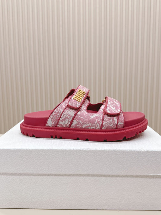 DIOR CLASSIC DOUBLE-STRAP SLIDES 25S IN DARK PINK FABRIC AND CALFSKIN - 35