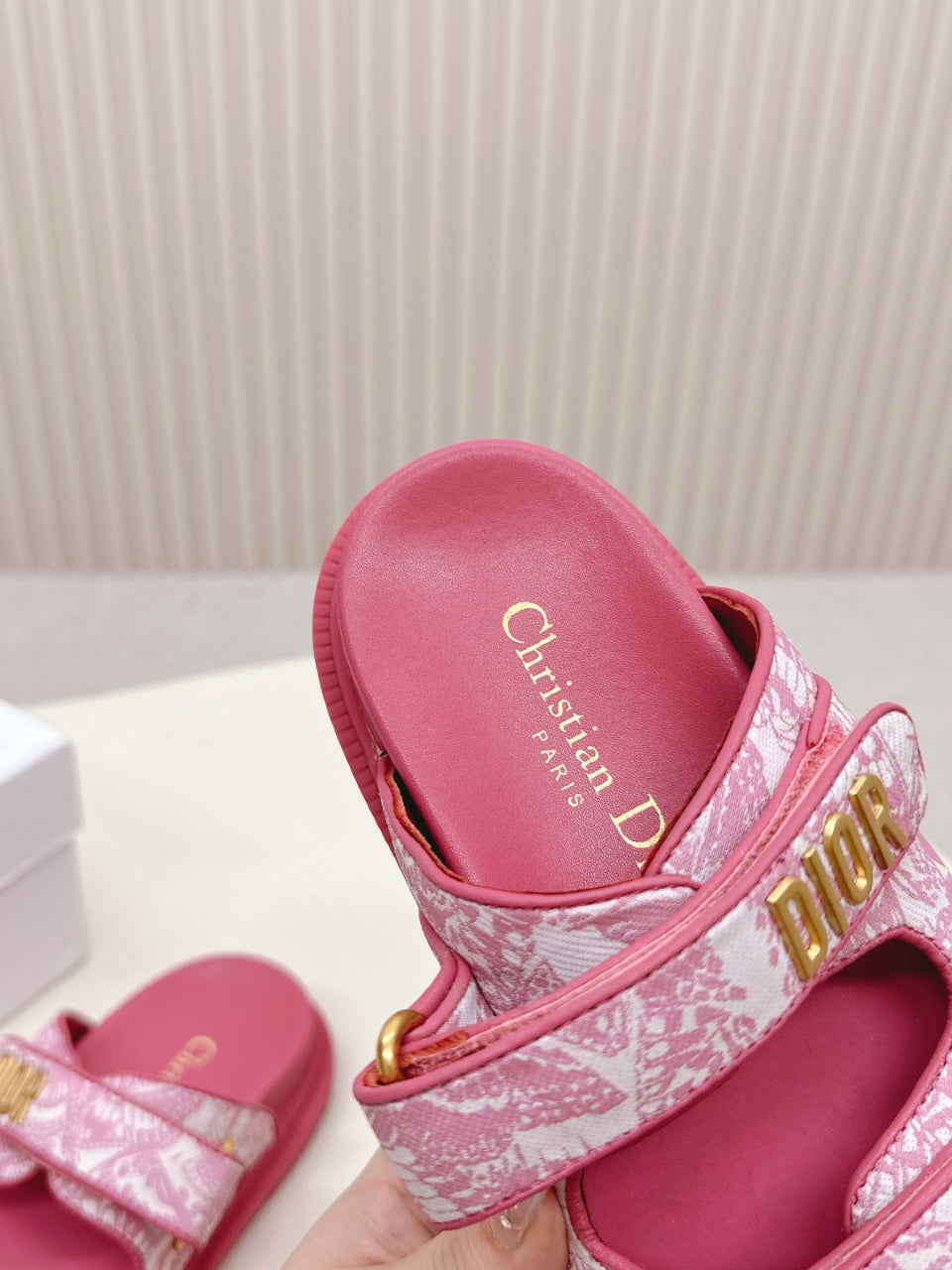 DIOR CLASSIC DOUBLE-STRAP SLIDES 25S IN DARK PINK FABRIC AND CALFSKIN - 35