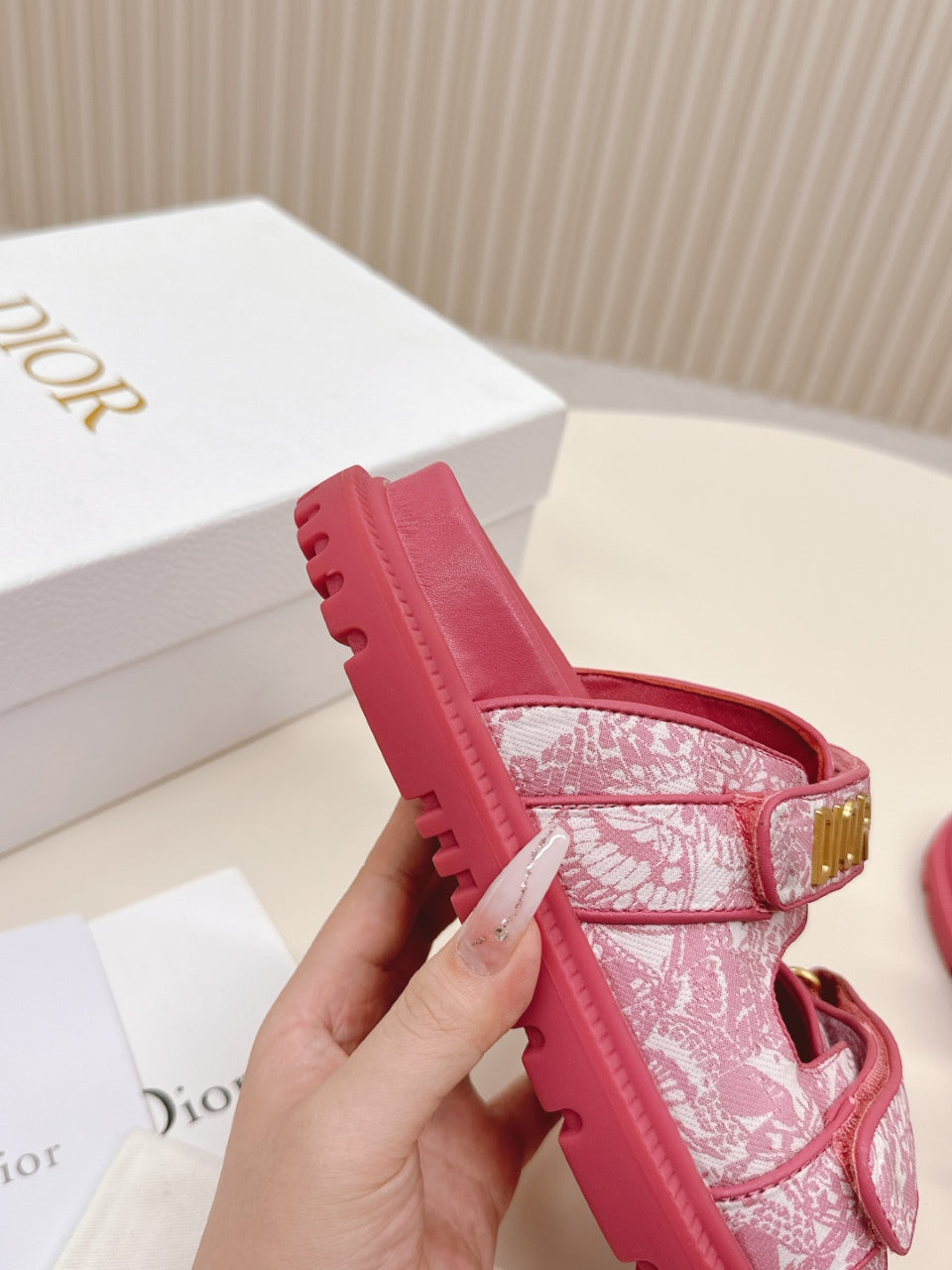 DIOR CLASSIC DOUBLE-STRAP SLIDES 25S IN DARK PINK FABRIC AND CALFSKIN - 35