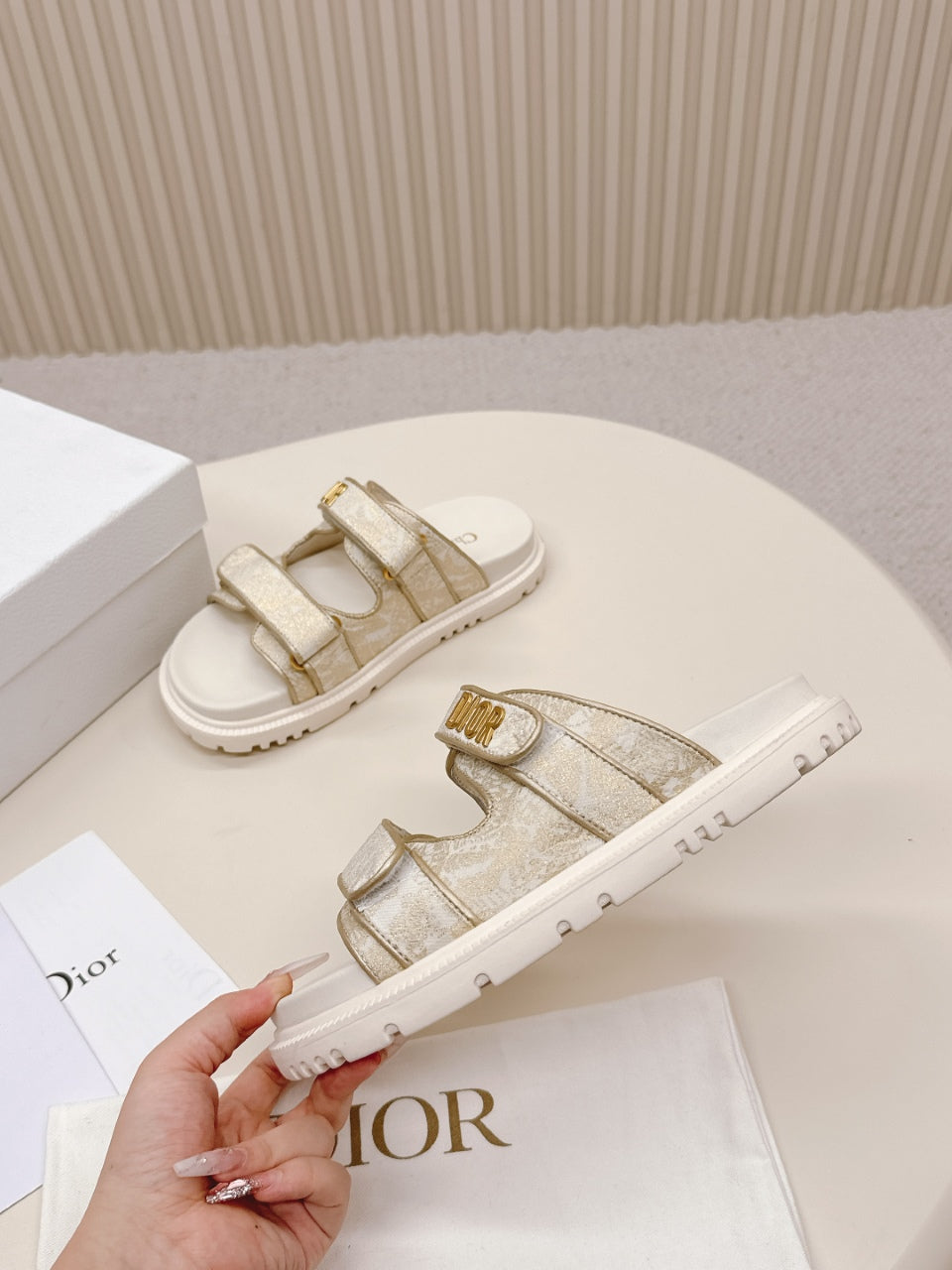 DIOR CLASSIC DOUBLE-STRAP SLIDES 25S IN WHITE MIX BEIGE FABRIC AND CALFSKIN - 35