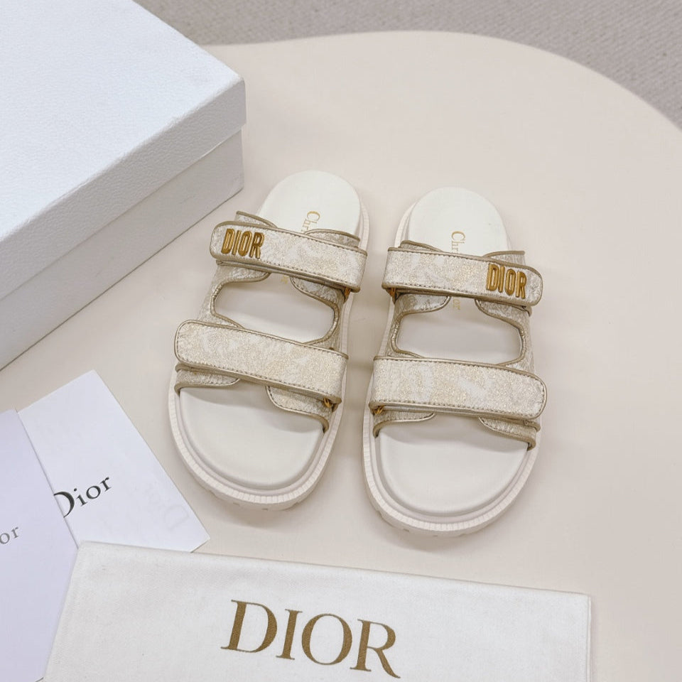 DIOR CLASSIC DOUBLE-STRAP SLIDES 25S IN WHITE MIX BEIGE FABRIC AND CALFSKIN - 35